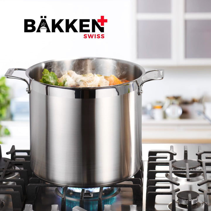 Stockpot – 24 Quart – Brushed Stainless Steel – Heavy Duty Induction Pot with Lid and Riveted Handles – For Soup, Seafood, Stock, Canning and for Catering for Large Groups and Events by BAKKEN