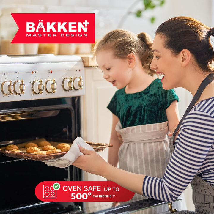 Bakken Master 20 Piece Cookware Set - Pots and Pans with Handle Grips and Tempered Glass Lids, With 6-piece Bakeware Set, Nonstick Granite Coating, Ceramic Max Temperature (Up To 500°F), Brown Marble