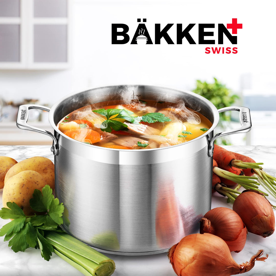 Stockpot – 12 Quart – Brushed Stainless Steel – Heavy Duty Induction Pot with Lid and Riveted Handles – For Soup, Seafood, Stock, Canning and for Catering for Large Groups and Events by BAKKEN