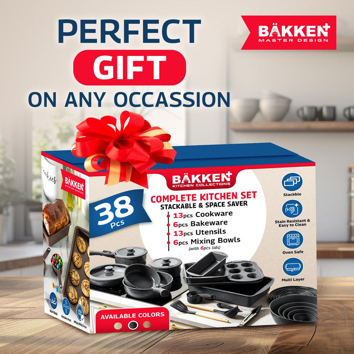 Bakken Master 38 Piece Granite Cookware & Bakeware Set – Nonstick Granite Coating, Pots and Pans with Detachable Handle and Tempered Glass Lids, 6-piece Bakeware set, 12-piece Mixing Bowls,Gray Marble