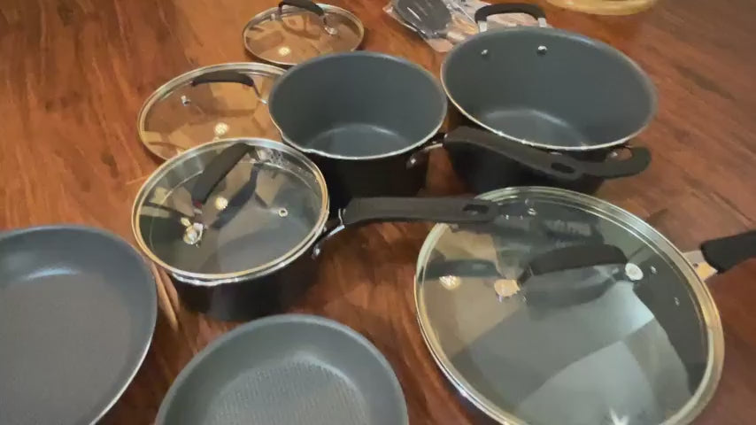 Cookware Set – 23 Piece –Black Multi-Sized Cooking Pots with Lids, Skillet Fry Pans and Bakeware – Reinforced Pressed Aluminum Metal - for Gas, Electric, Ceramic and Induction by Bakkenmaster