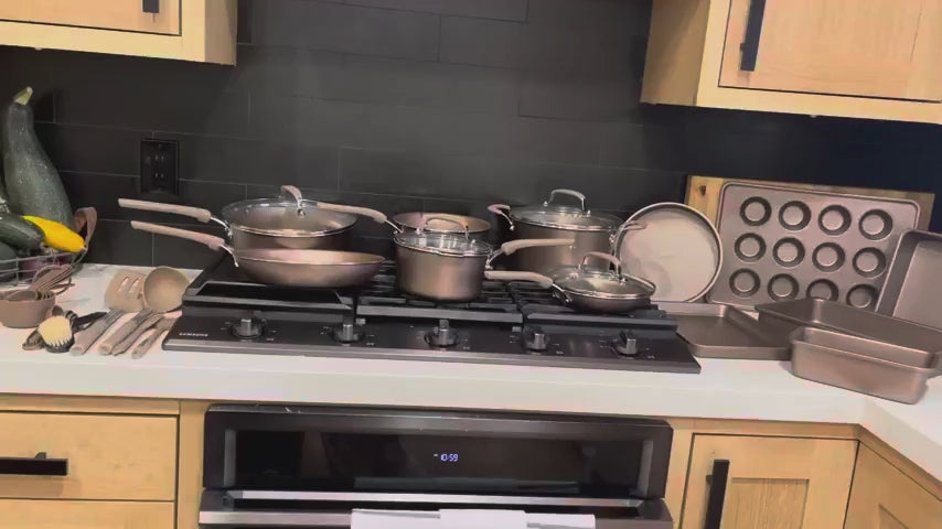 Cookware Set – 23 Piece –Gold Multi-Sized Cooking Pots with Lids, Skillet Fry Pans and Bakeware – Reinforced Pressed Aluminum Metal - Suitable for Gas, Electric, Ceramic and Induction by Bakkenmaster