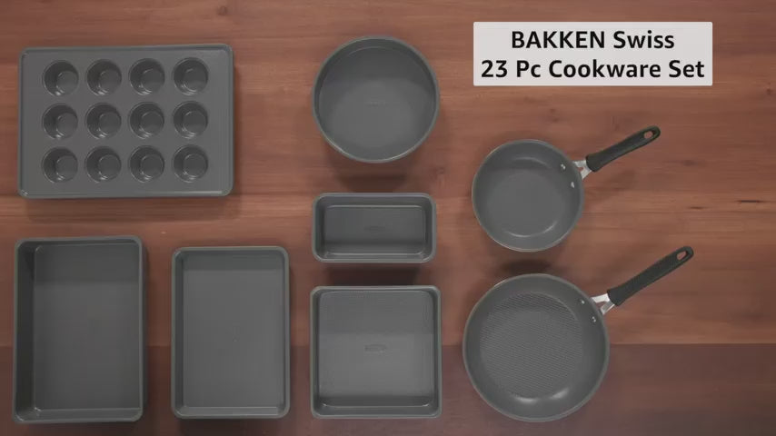 Cookware Set – 23 Piece –Black Multi-Sized Cooking Pots with Lids, Skillet Fry Pans and Bakeware – Reinforced Pressed Aluminum Metal - for Gas, Electric, Ceramic and Induction by Bakkenmaster