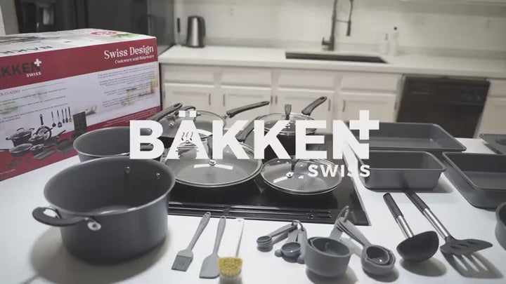 Cookware Set – 23 Piece –Gold Multi-Sized Cooking Pots with Lids, Skillet Fry Pans and Bakeware – Reinforced Pressed Aluminum Metal - Suitable for Gas, Electric, Ceramic and Induction by Bakkenmaster