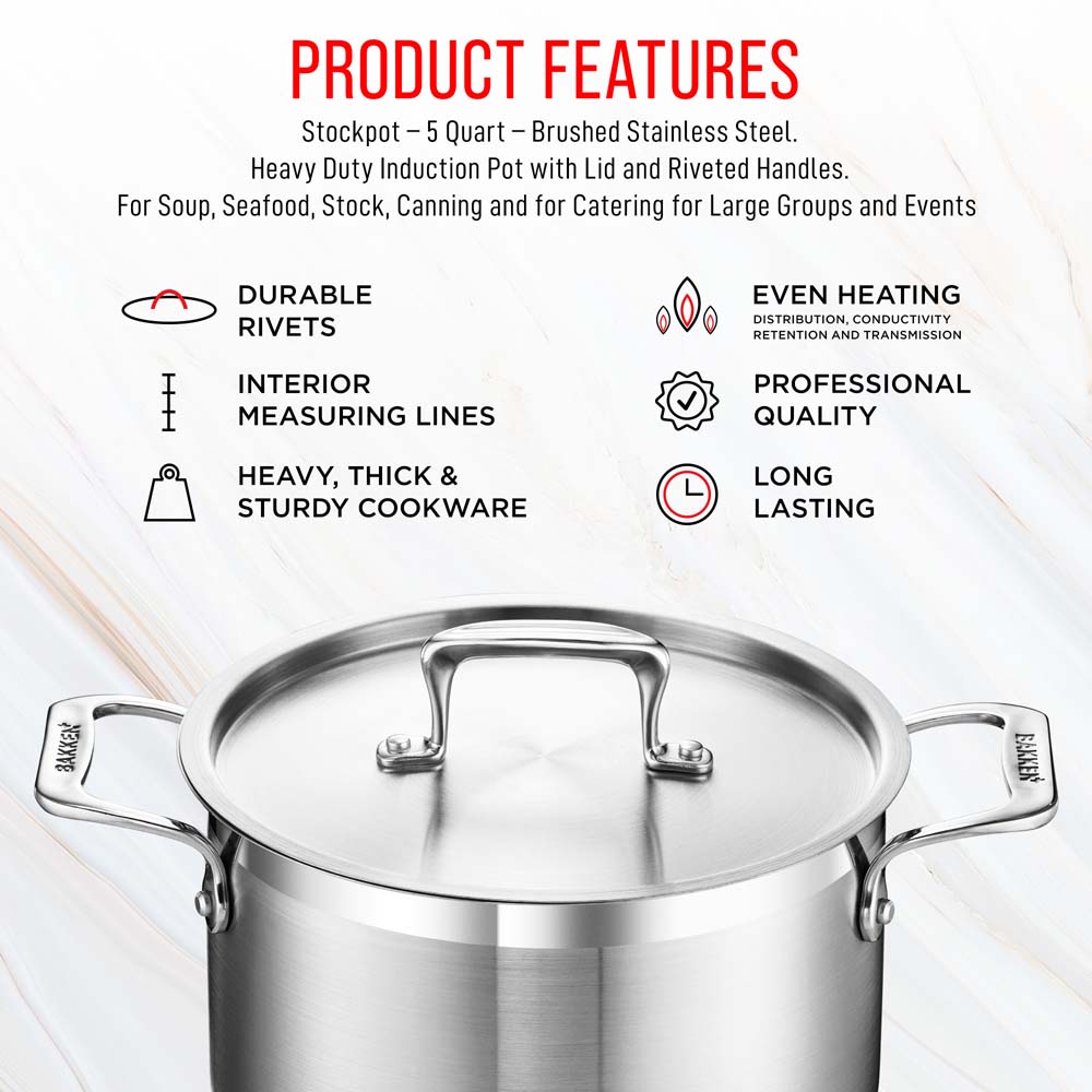 Bakken- Swiss Stockpot 8 Quart Stock Pot Stainless Stock Pot with Lid Stainless Steel Stock Pot Cooking Pot BAKSTQ8